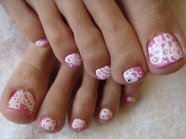 Pink And White Lace Toe Nail Art