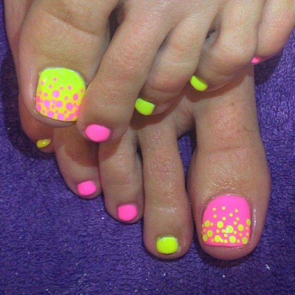 Pink And Yellow Neon Toe Nail Art