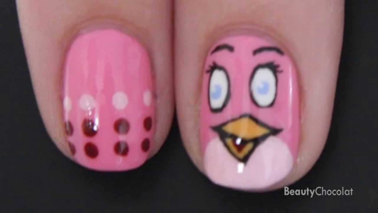 Pink Angry Bird Nail Art