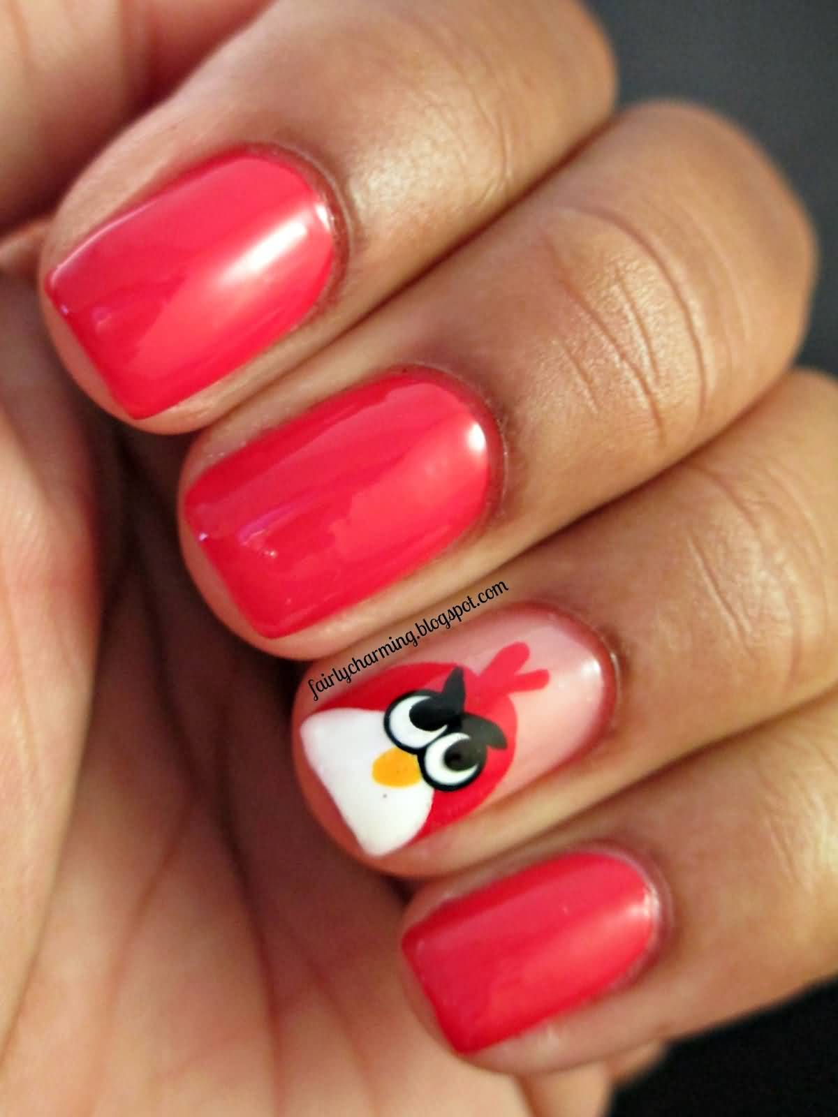Pink Glossy Nails With Accent Angry Birds Nail Art