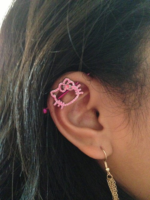 Pink Hello Kitty Barbell Industrial Piercing On Right Ear