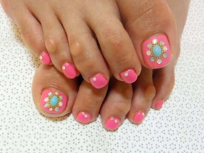 Pink Nails With Rhinestones Design Toe Nail Art