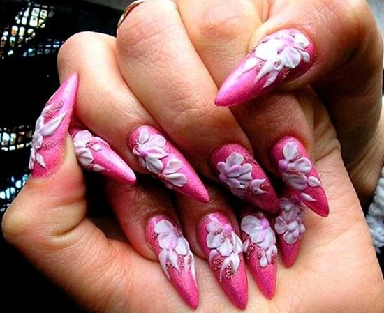 Pink Nails With White 3D Flowers Nail Design