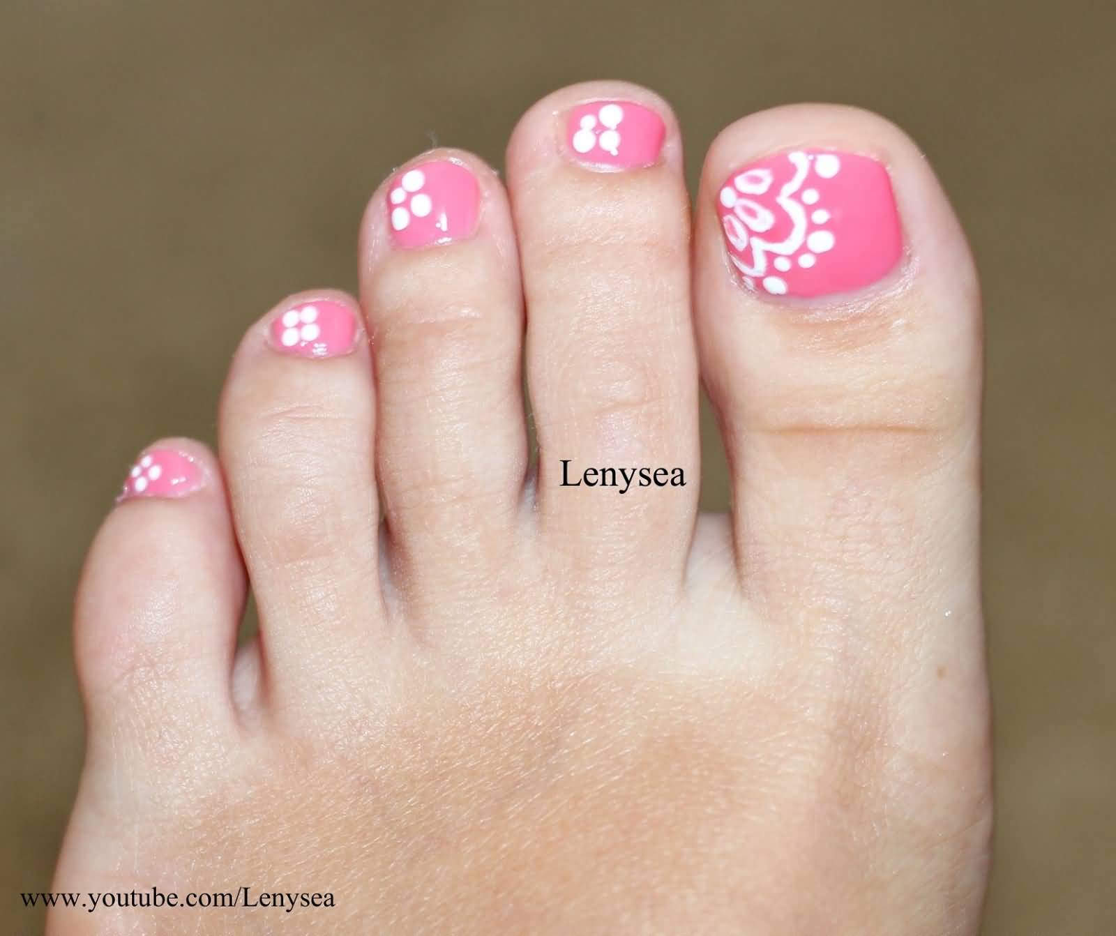 Pink Nails With White Flowers Toe Nail Art