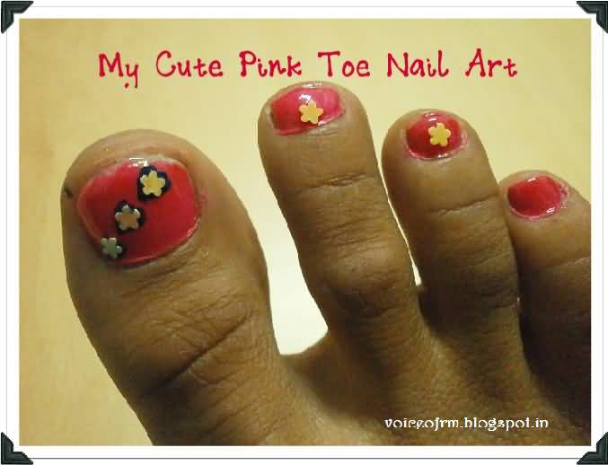 Pink Toe Nail Art With Golden Flowers Design
