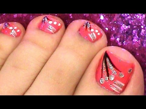 Pink Toe Nail Art With Rhinestones And Stripes