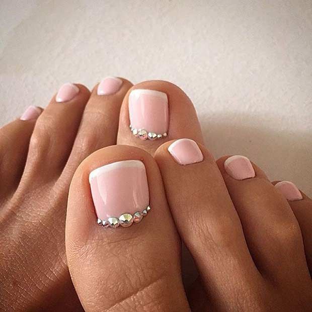Pink Toe Nails With Rhinestones Design Idea
