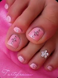 Pink Toe Nails With Rhinestones Design
