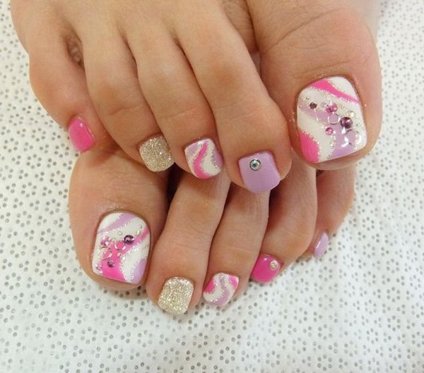 Pink White And Purple Stripes Toe Nail Art