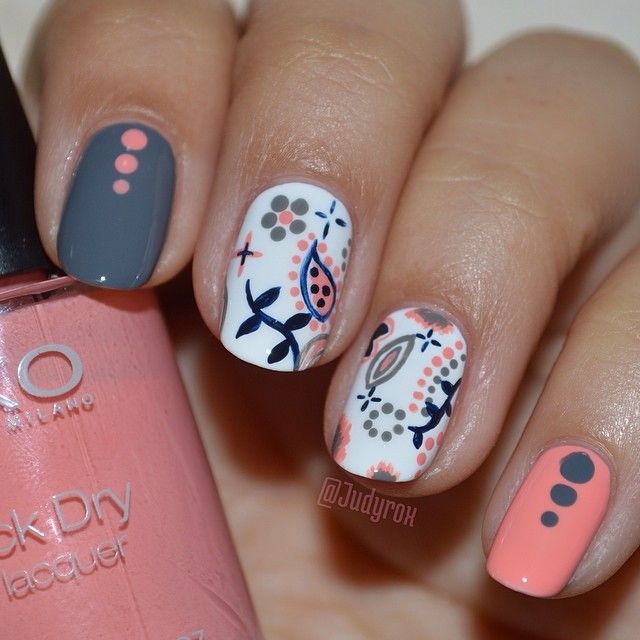 Pretty Flowers And Polka Dots Design Winter Nail Art