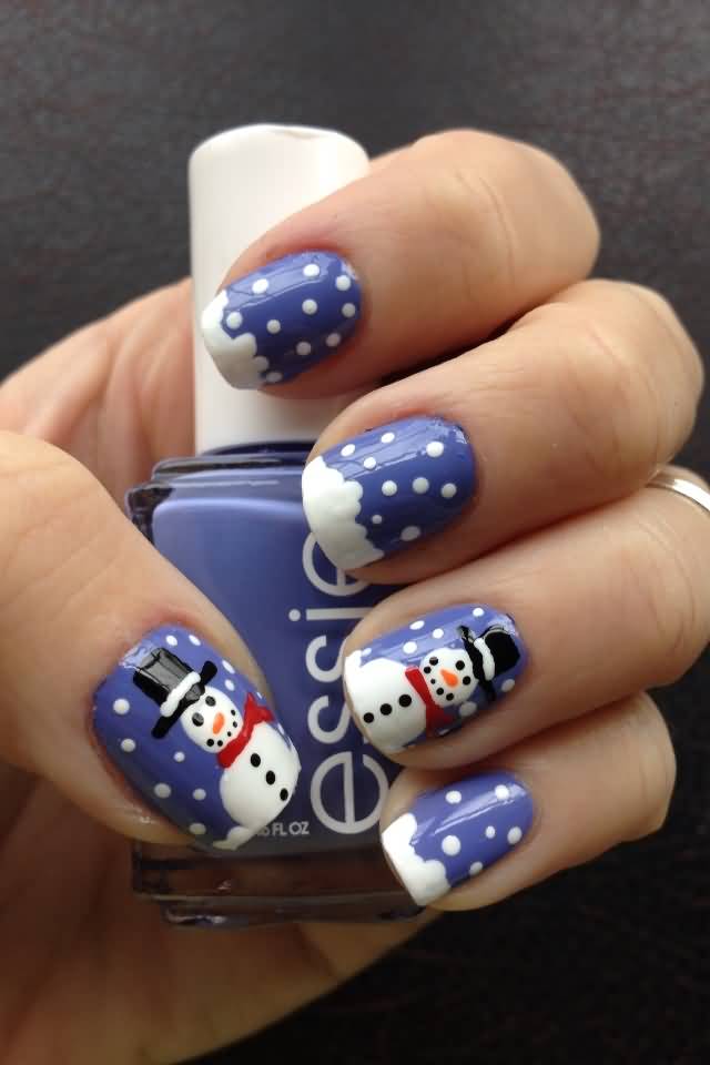 Purple And White Dots And Snowman Winter Nail Art Design Idea