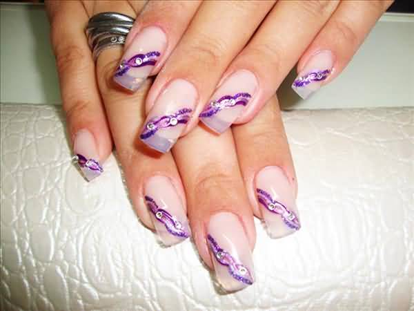 Purple Glitter Stripes With Rhinestones Winter Nail Art