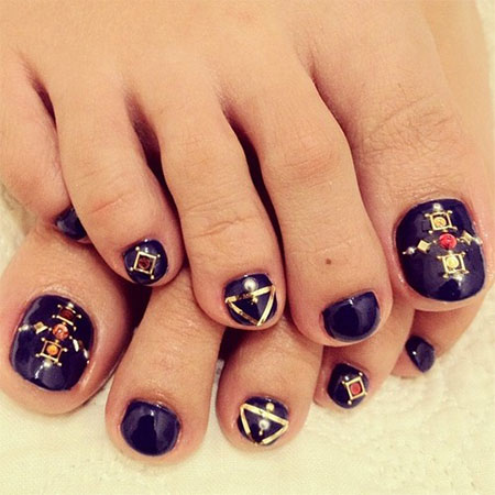 Purple Nails With Rhinestones And Caviar Beads Toe Nail Art