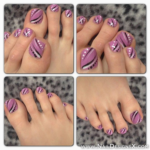 Purple Toe nails With Black And White Polka Dots Stripes Design Toe Nail Art