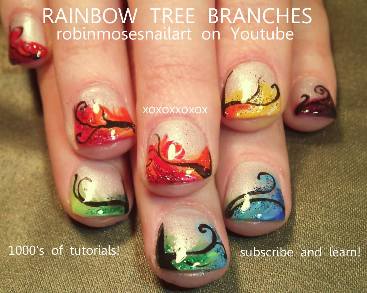 Rainbow Tree Branches Autumn Nail Art
