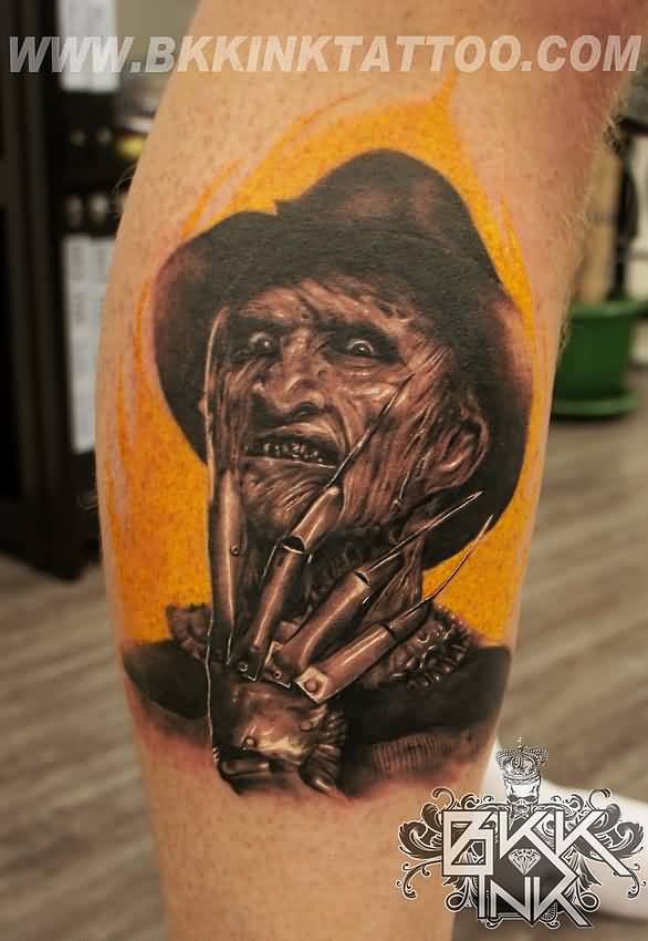 Realistic Color Freddy Krueger Tattoo On Leg