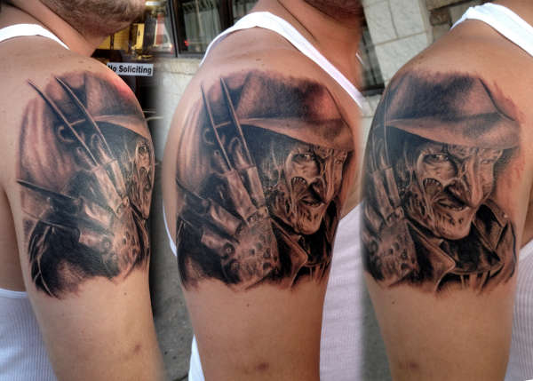 Realistic Color Freddy Krueger Tattoo On Right Shoulder