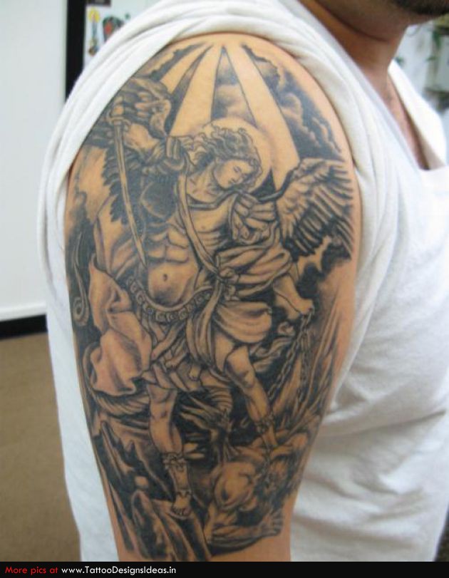 Realistic Colored Angel Vs Evil Tattoo On Right Shoulder