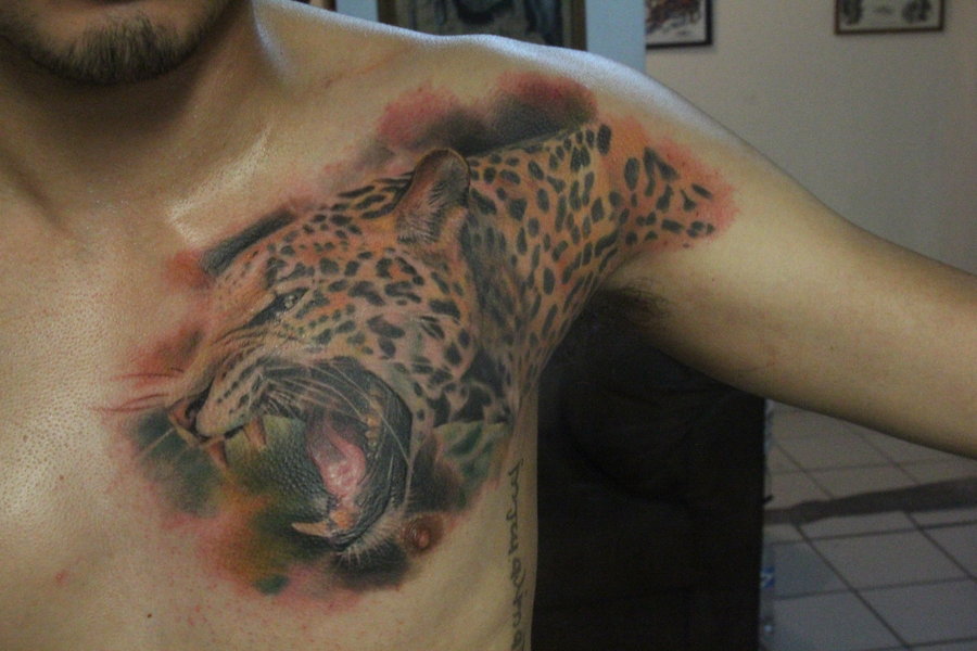 Realistic Colored Angry Jaguar Face Tattoo On Chest By Angeloe