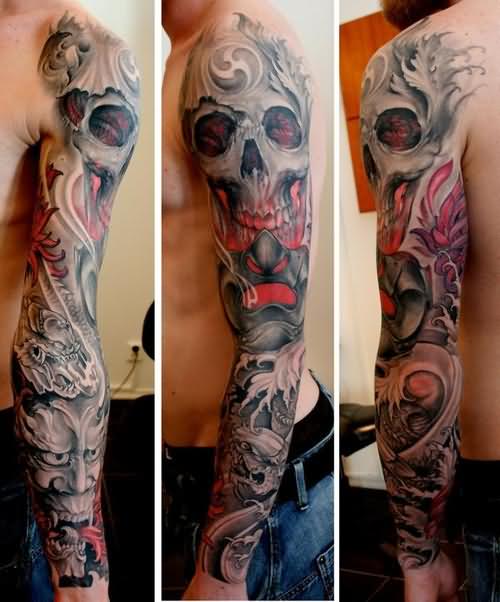 Realistic Colored Evils And Skull Tattoo On Left Full Sleeve For Men