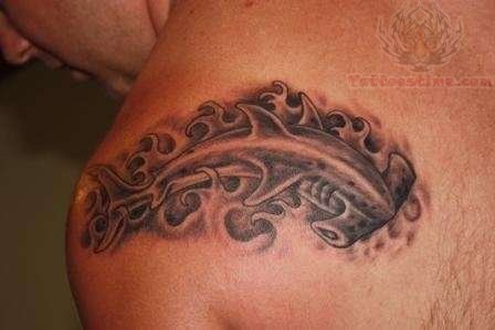 Realistic Colored Hammerhead Shark Tattoo On Left Back Shoulder