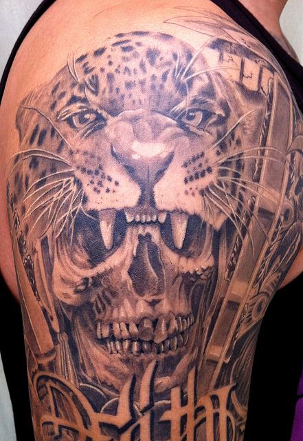 Realistic Colored Jaguar Aztec Skull Tattoo On Right Shoulder