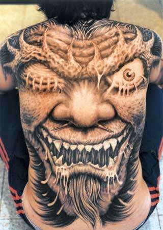 Realistic Evil Demon Large Face Tattoo On Full Back