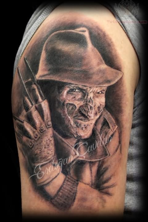 Realistic Grey Color Freddy Krueger Portrait Tattoo On Right Half Sleeve