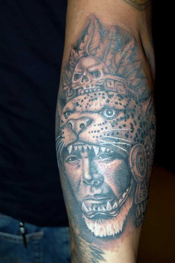 Realistic Grey Ink Aztec Jaguar Tattoo