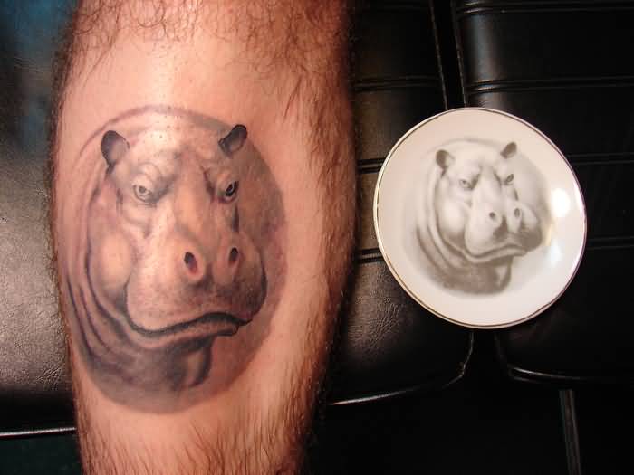 Realistic Grey Ink Hippo Head Tattoo
