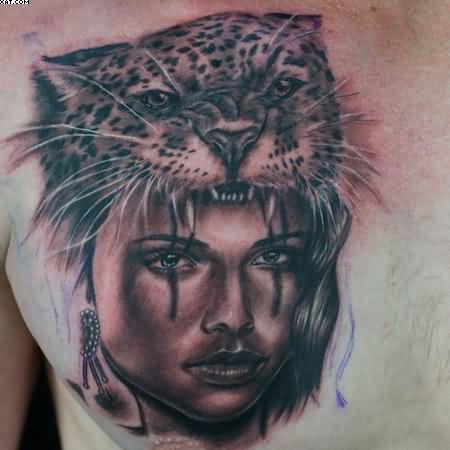 Realistic Grey Ink Jaguar Aztec Lady Tattoo On Right Chest