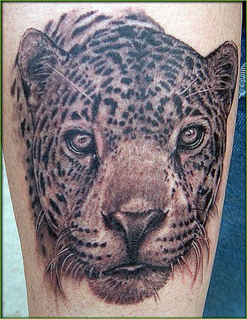 Realistic Grey Ink Jaguar Face Tattoo