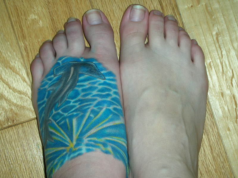 Realistic Hammerhead Shark And Rays Colored Tattoo On Foot