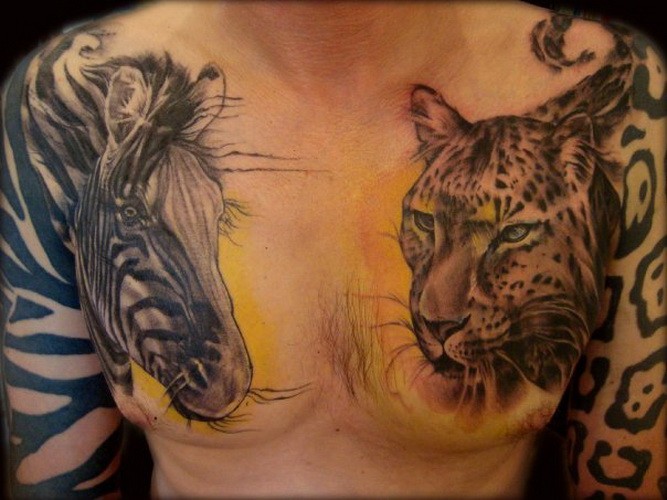 Realistic Ink Jaguar And Zebra Face Tattoo On Chest For Men