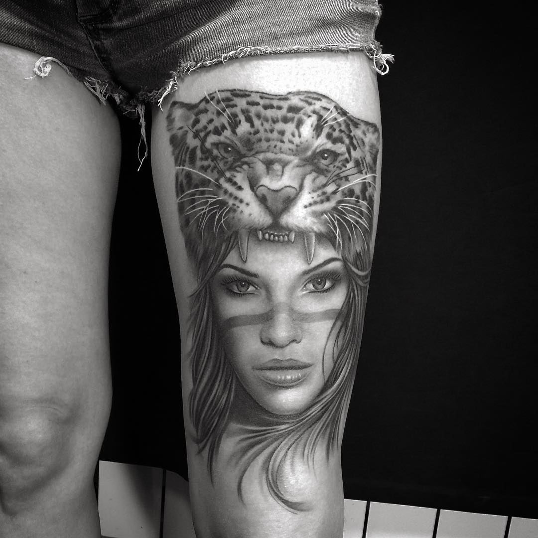 Realistic Jaguar Girl Tattoo On Left Thigh