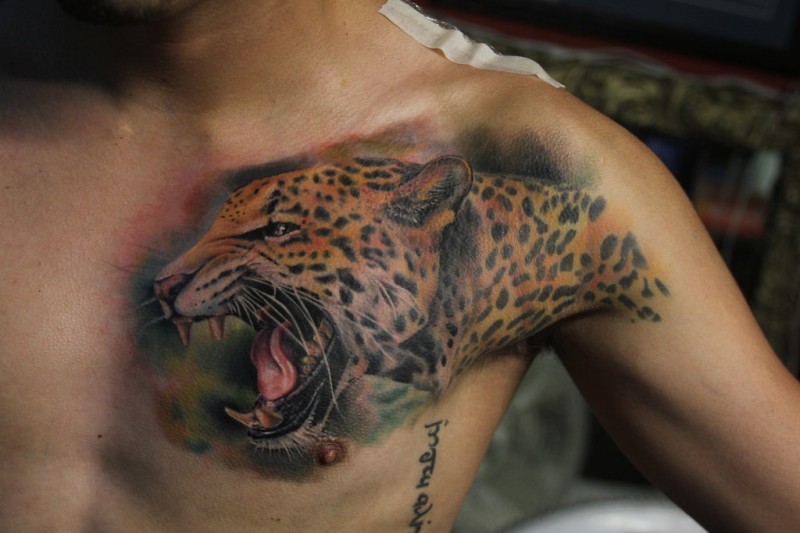 Realistic Roaring Jaguar Tattoo On Collarbone For Men