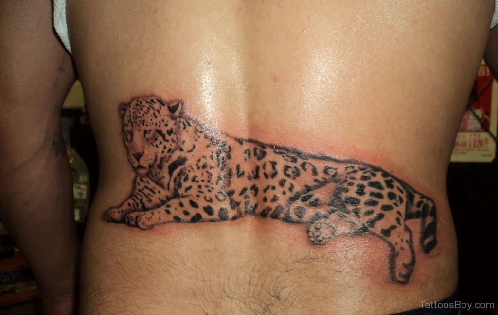 Realistic Sitting Jaguar Tattoo On Lower Back For Men