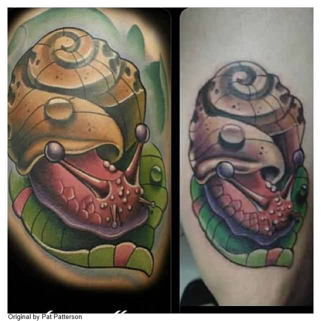 Realistic Snail On Leaf Colorful Tattoo