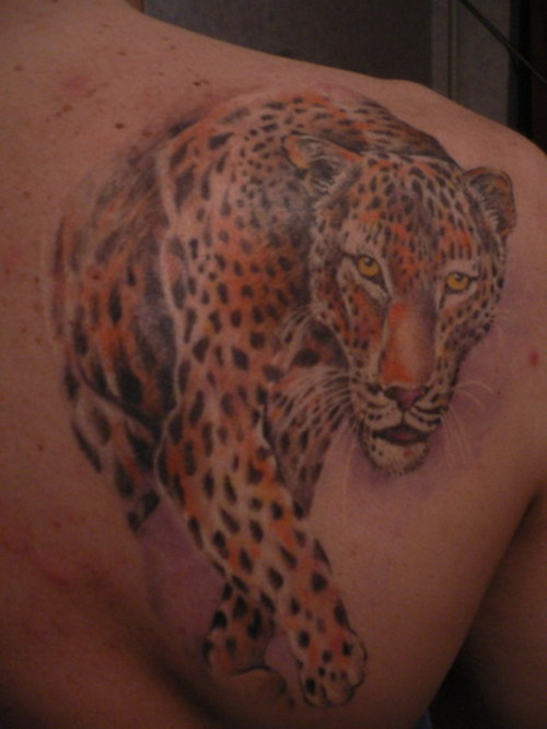 Realistic Walking Jaguar Tattoo On Upper Back