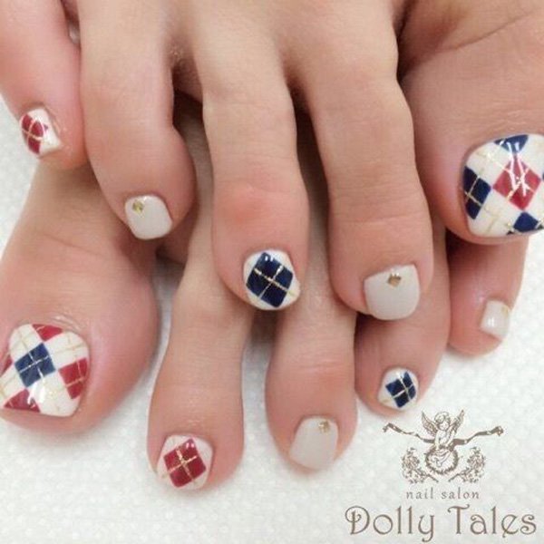 Red And Blue Triangle Designs Toe Nail Art