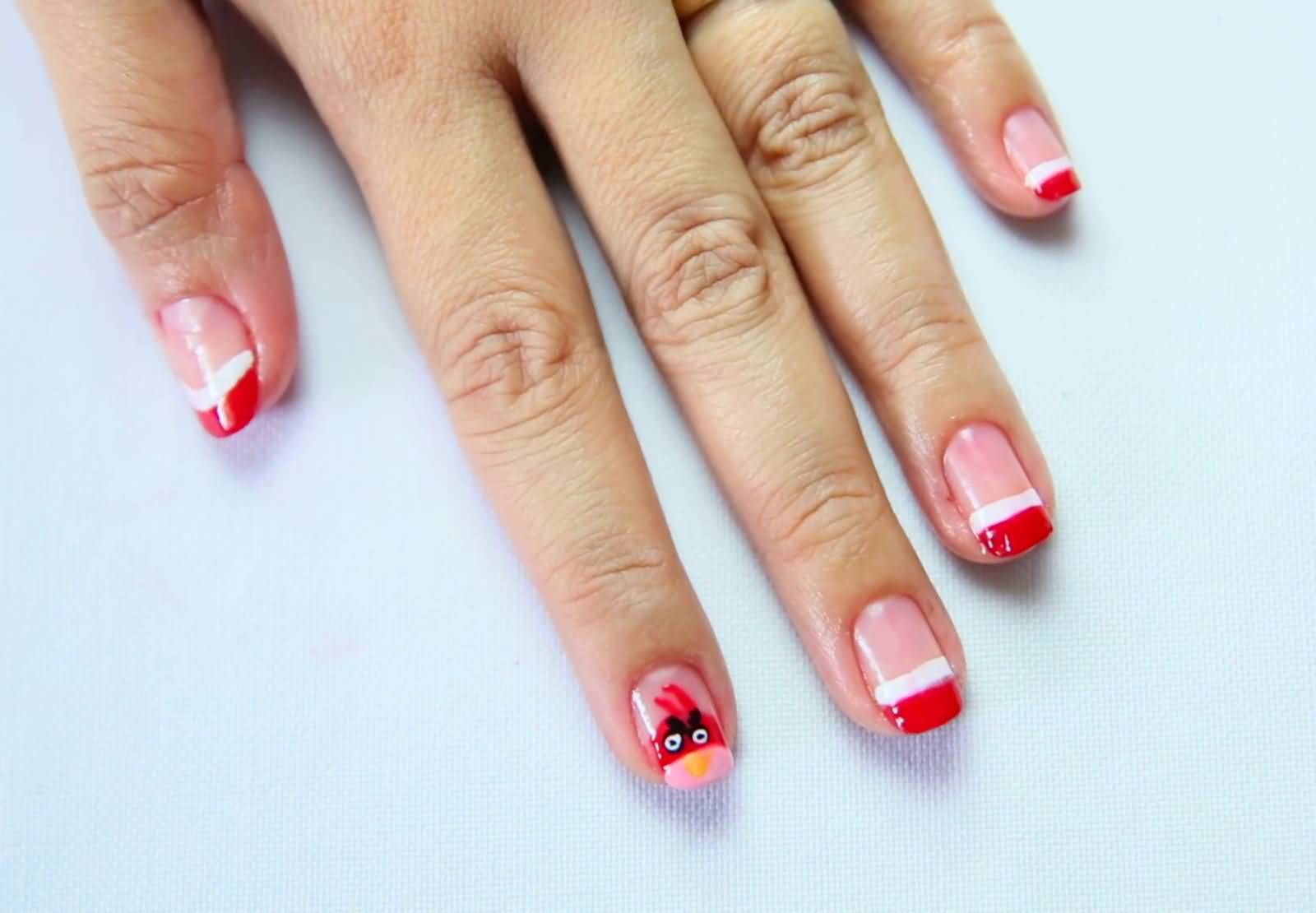Red And White French Tip Accent Angry Birds Nail Art