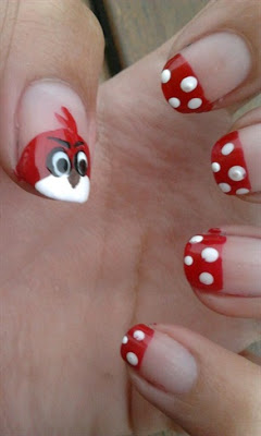 Red And White Polka Dots And Angry Birds Nail Art