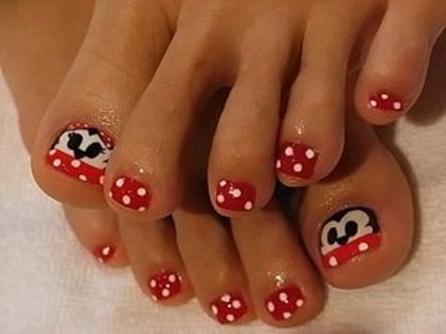 Red And White Polka Dots And Mickey And Minny Mouse Toe Nail Art