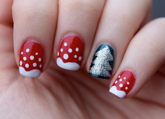 Red And White Polka Dots And Silver Glitter Christmas Tree Winter Nail Art