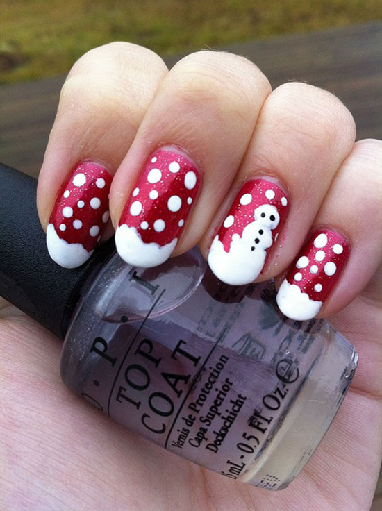 Red And White Polka Dots And Snowman Design Winter Nail Art