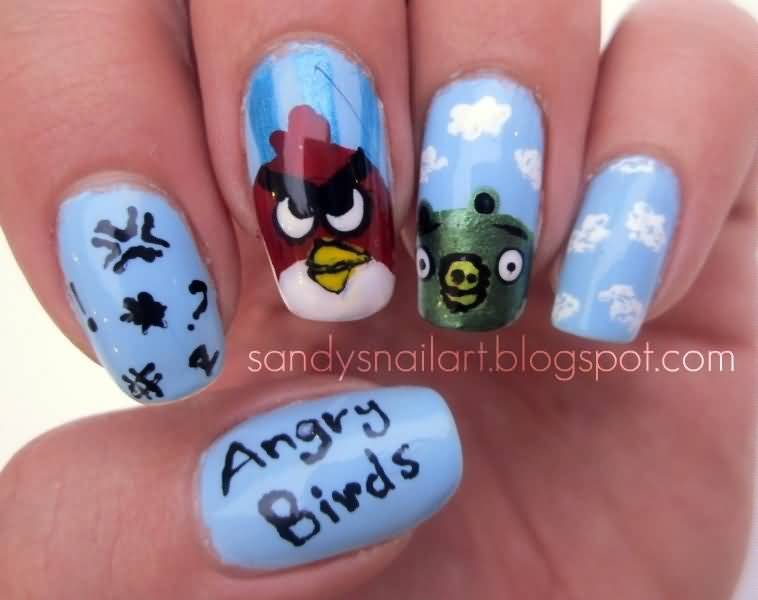 Red Angry Bird And Pig Nail Art By Sanooda87