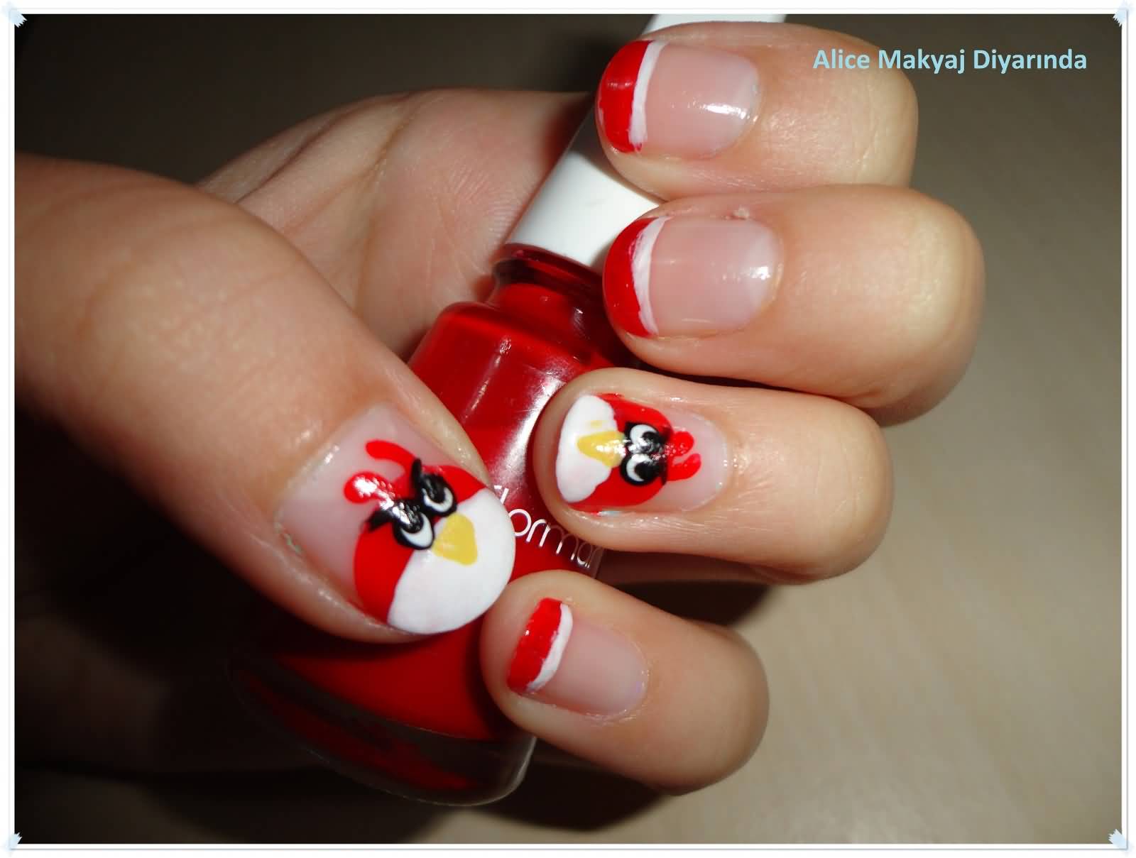 Red Angry Birds French Tip Nail Art