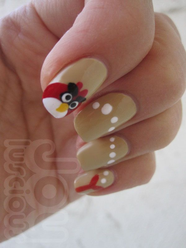 Red Angry Birds Nail Art With Polka Dots Design