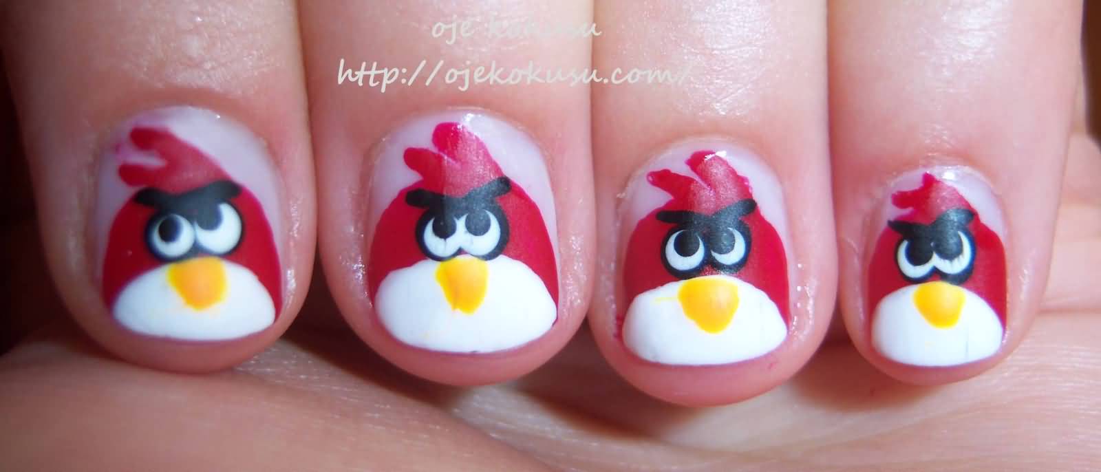 Red Angry Birds Nail Design