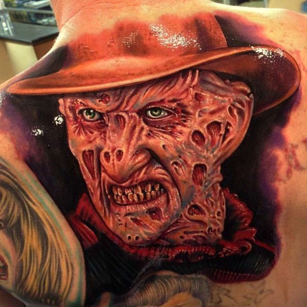 Red Color Angry Freddy Krueger Head Tattoo By Breakfast Foods
